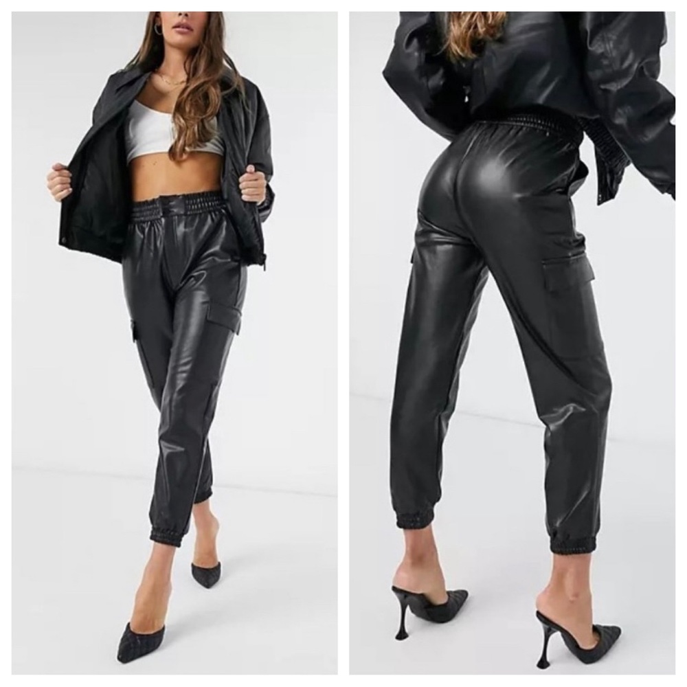 abercrombie & fitch - vegan leather cargo jogger pants high-rise pockets black